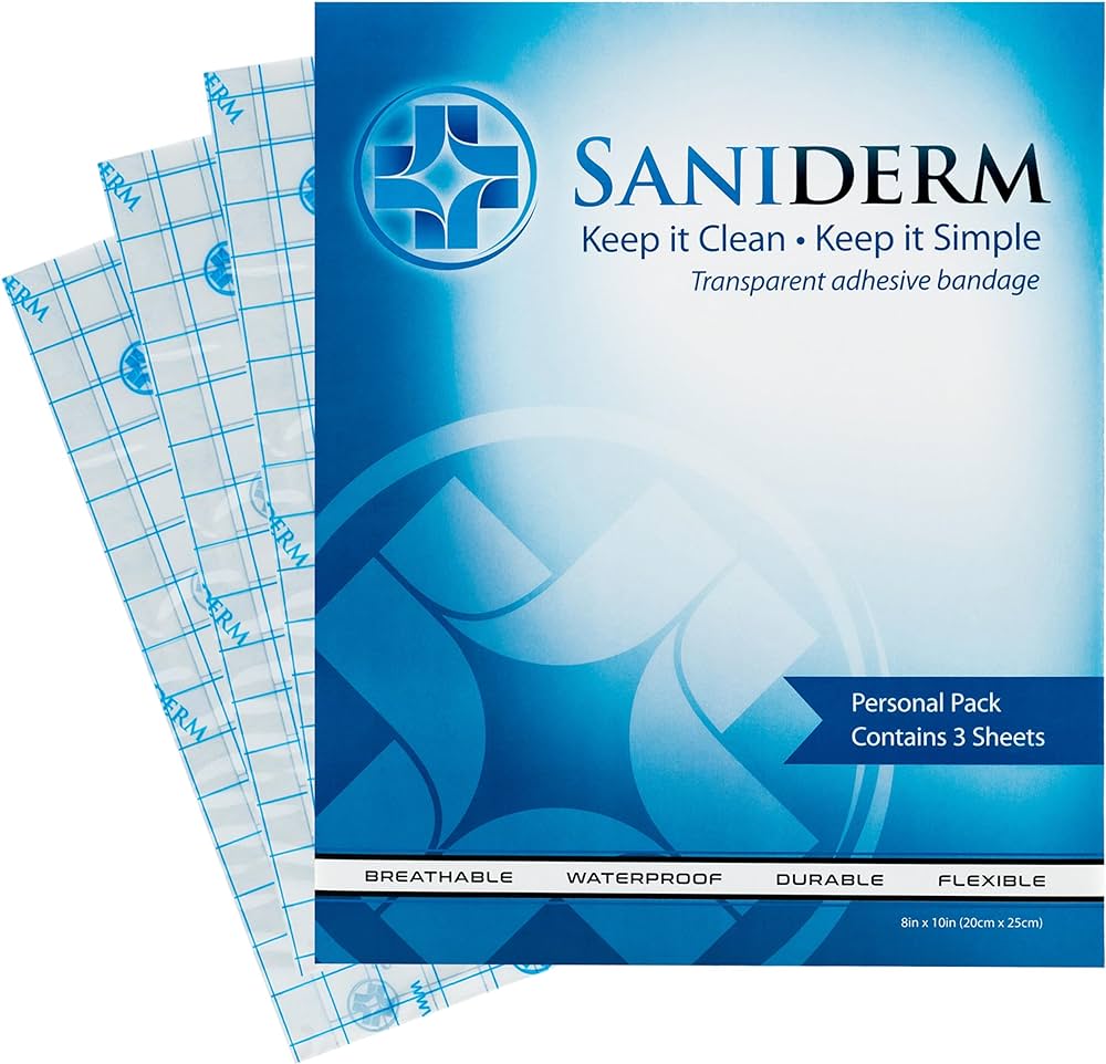 Saniderm Tattoo Aftercare Bandage, Personal Size, Breathable Waterproof Sanitary Transparent Adhesive Wraps, Protect and Heal Tattoos, 3 Pre-Cut 8 x 10 Inch Personal Size Sheets