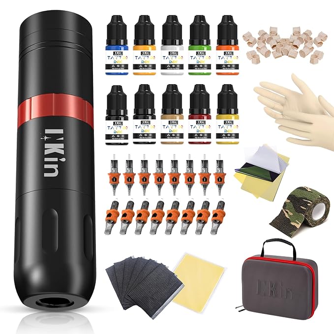 INKin Tattoo Gun Kit Complete for Beginners,Ultra Wireless Tattoo Machine Kit Professional Pen Kit 1500mAh Battery Power Supply,16Pcs Mixed Size Cartridge Needles and 10 Tattoo Ink Color Set